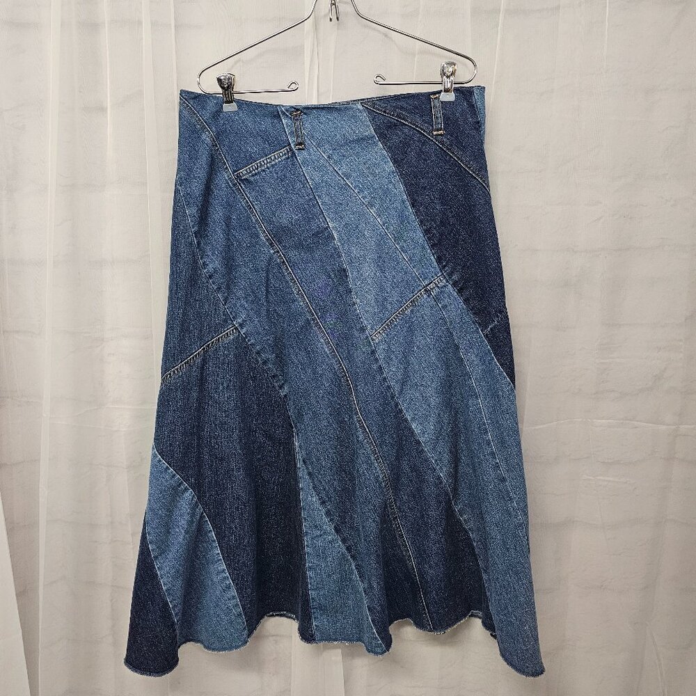 J. Jill Patchwork Denim Midi Skirt in Multiple Blue Washes